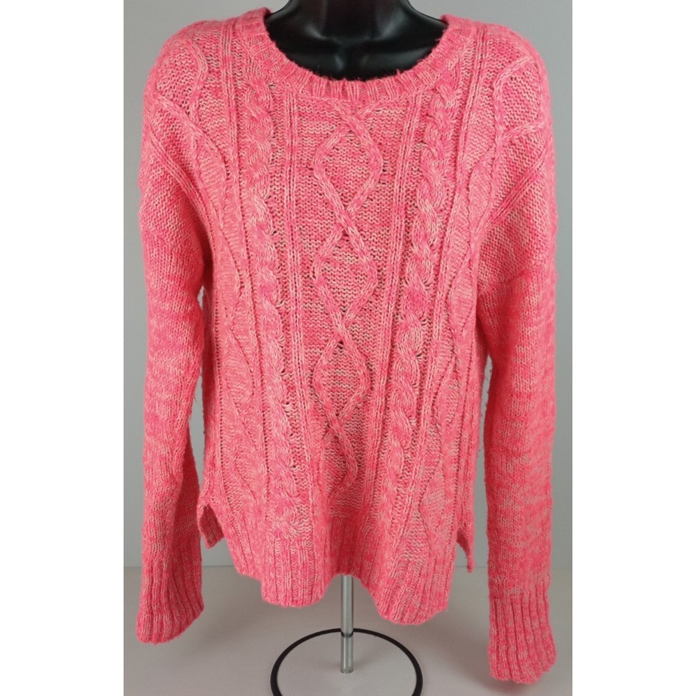 SO Heritage Women's L Pink White Heather Pullover Long Sleeve Cable Knit Sweater